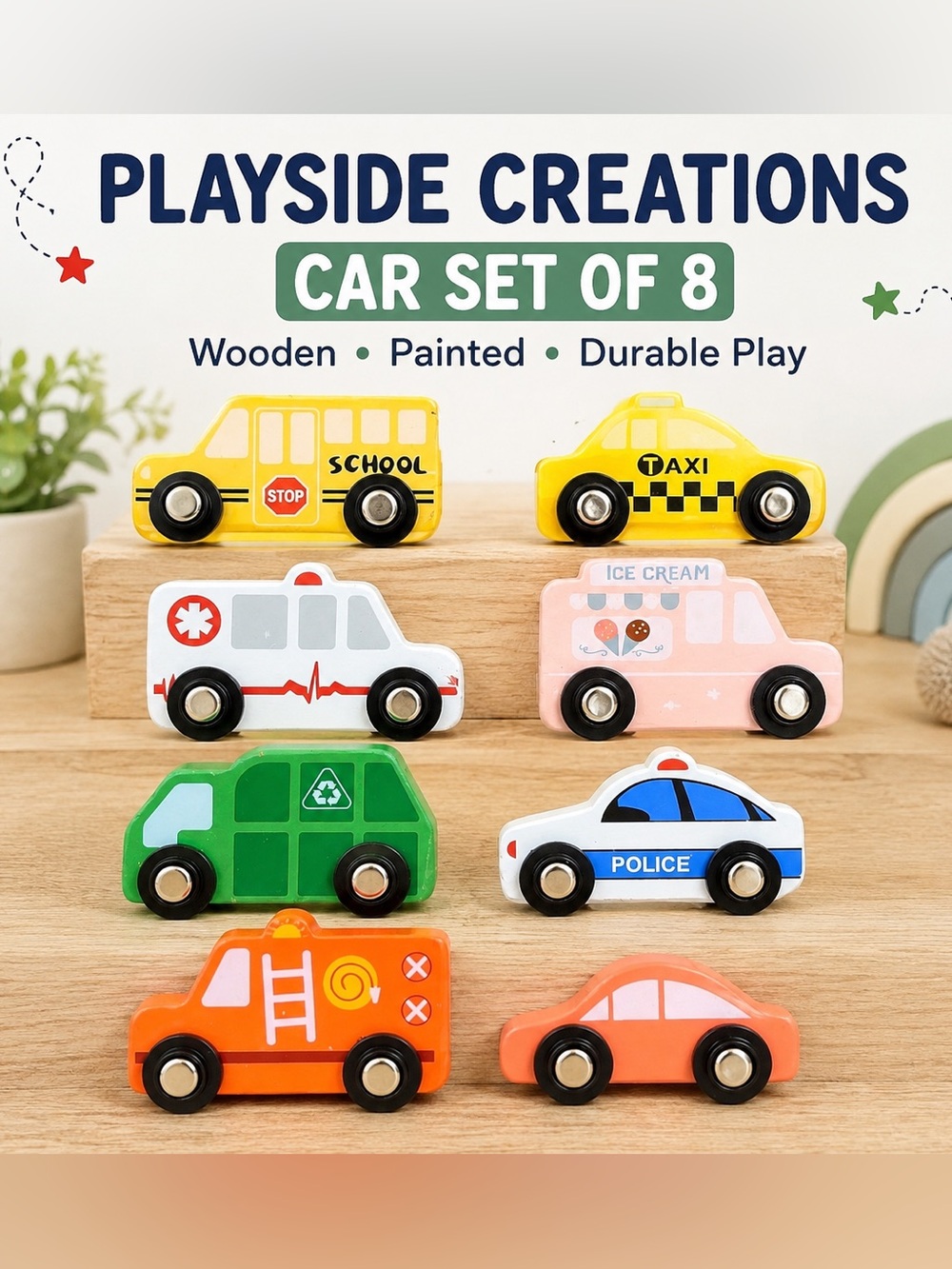 Playside Creations Wooden Cars Set of 8 Vehicles School Bus Police Taxi